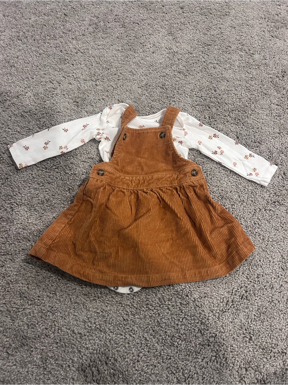 Carter's Tan Corduroy Pinafore Dress with White Floral Bodysuit